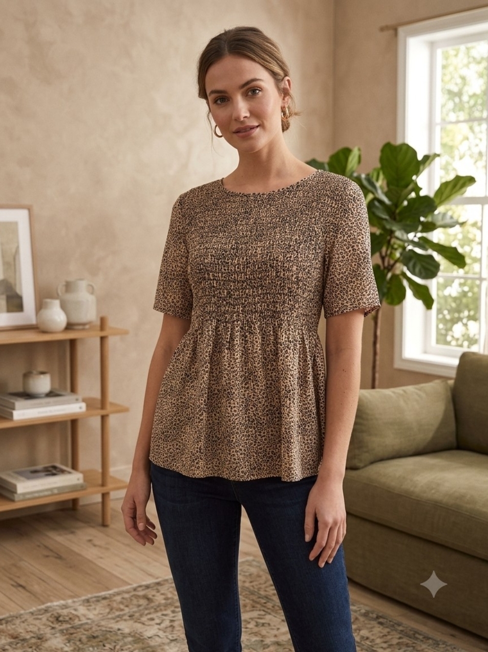 URBAN Romantics Brown Leopard Smocked Peplum Top